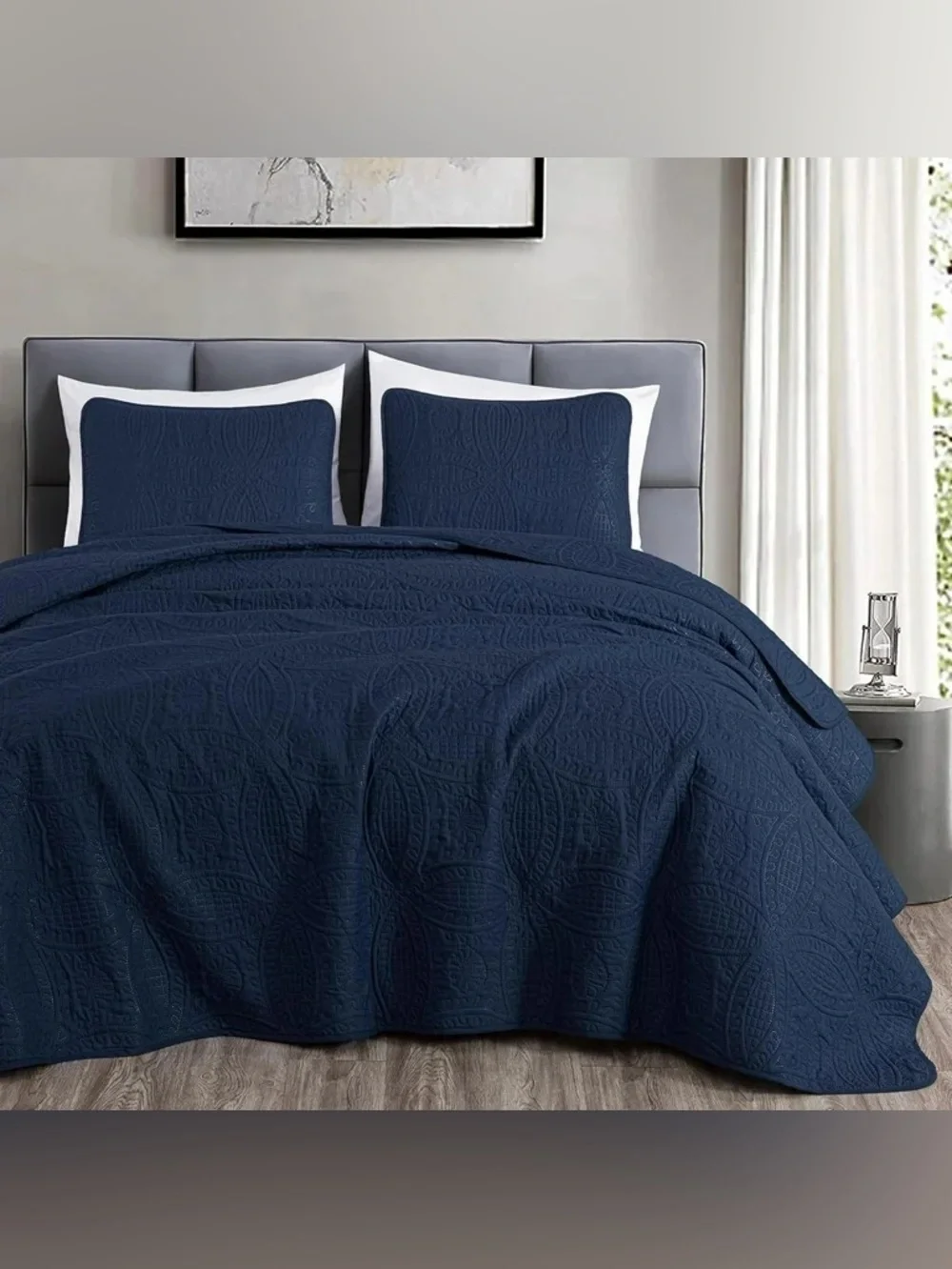 Navy Quilted king 3 piece Bedding Set -